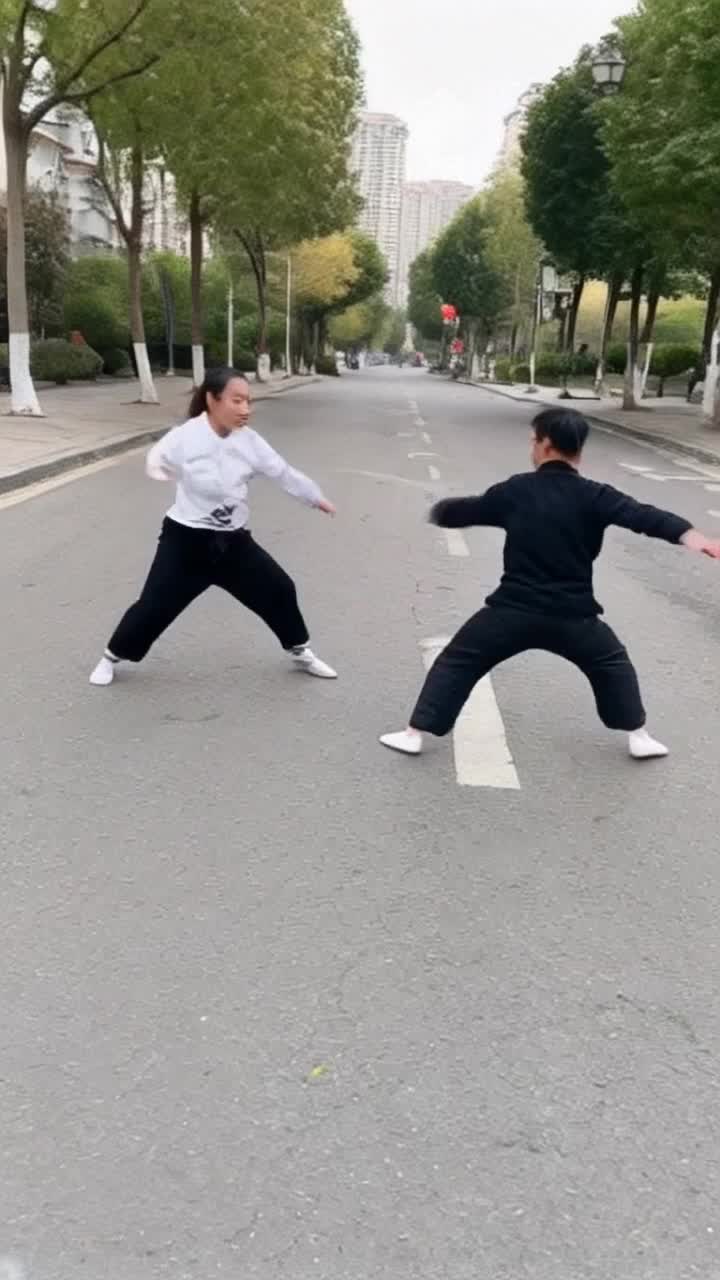 Two pairs of socks doing karate in the middle of the street 