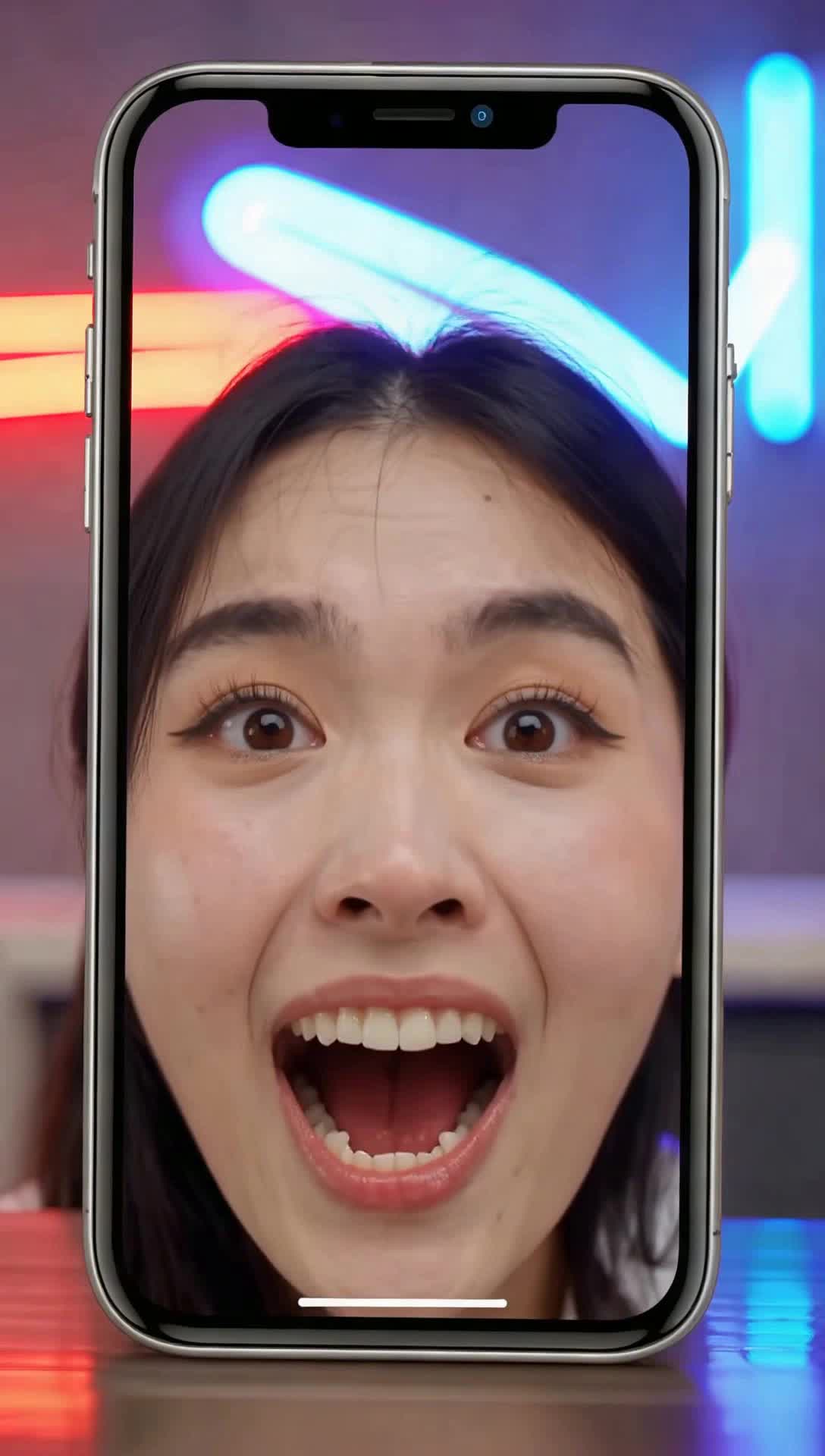 A vlogger applies an AR beauty filter It lags, then fusesher skin smoothing in real life, bones subtly shifting She screams offscreen while the app shows Flawless LiveCamera Overshoulder from phone POV, shallow DOF slight fisheye distortionLighting Neon ringlight reflections, overexposed whitesMood Bodymod horror through tech vanityStyle Dreampop glow twisted dark oversaturated reds stuttered 60  24 fps ramp