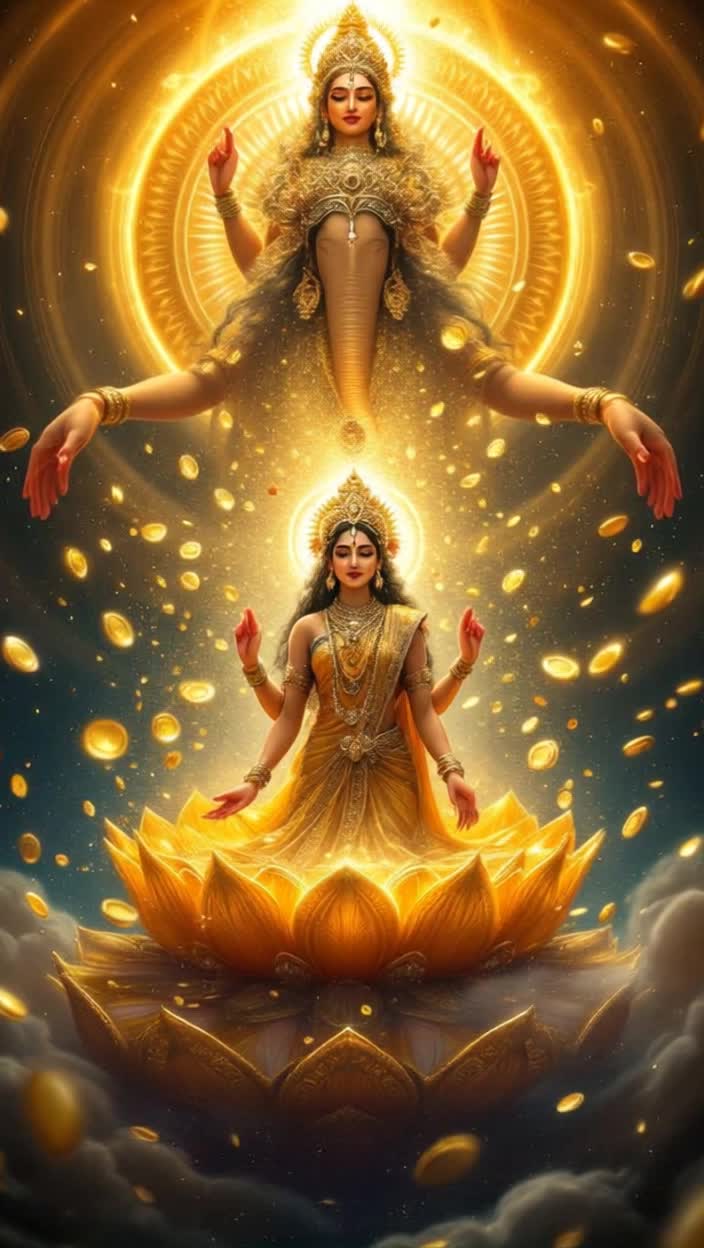 Goddess Mahalakshmi radiates opulence and grace as she emerges from a swirling vortex of golden light in an infinite cosmic space Ethereal veena melodies fill the air while a giant, shimmering golden lotus throne reveals itself adorned with floating gold coins and gleaming pearls With an enchanting presence, she rises wearing a resplendent sari embellished with intricate gold zari, her flowing hair crowned with exquisite flowers and a brilliant golden crown Coins cascade like shimmering rain from her hands, transforming into a dazzling display of gems and diamonds as the majestic Airavata showers purity above