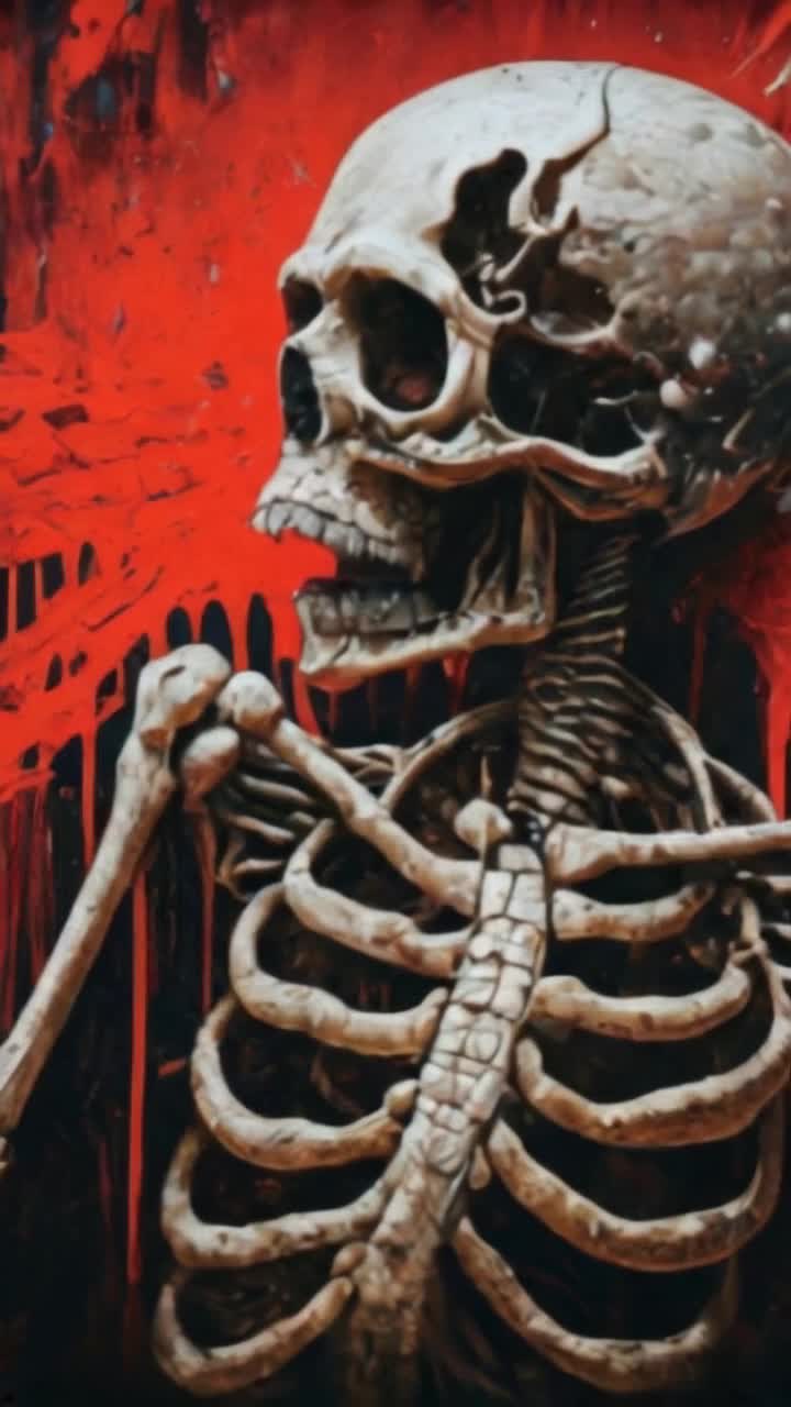 Skeleton behind a red paint trickling down behind him,