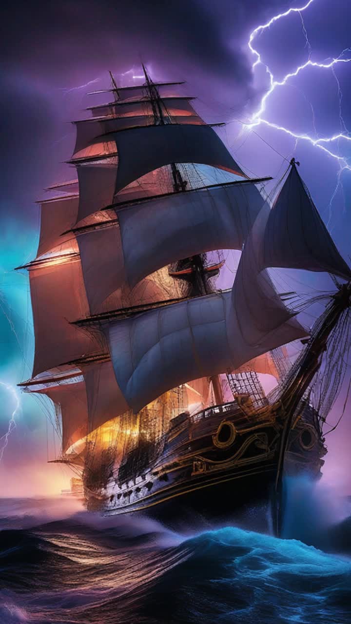 Majestic tall ship with billowing sails illuminated by vivid neon colors surges through towering deep swells of the open sea Waves crash against the hull as lightning illuminates the night sky creating a breathtaking display Churning dark clouds swirl overhead while the ships silhouette contrasts against the electrifying ambiance
