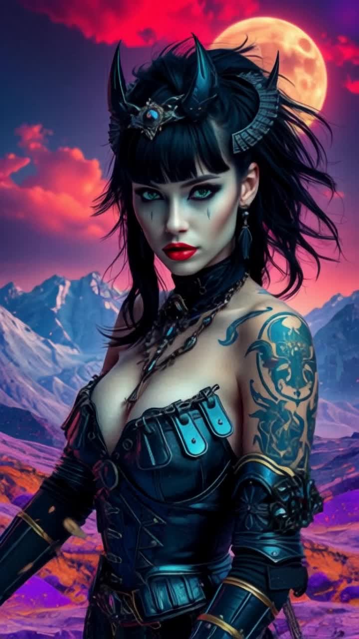 goth war cybergoth goddess, she can glide through caustic silver blue violet and black liquidifies ground, drifting gold dust, surrealistic splattered skies over plasma mountains