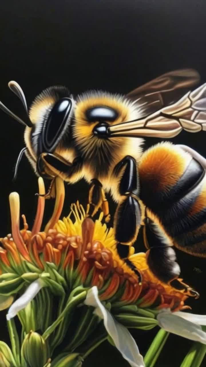 Bee flies around lands on a flower