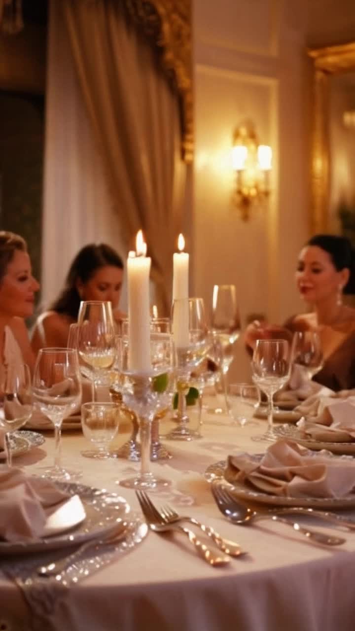 Elegant dining table adorned with exquisite tableware delicate glassware and flickering candles Guests dressed in formal attire savor gourmet dishes while engaging in lively conversation Soft classical music plays in the background Warm golden lighting creates an inviting atmosphere showcasing intricate dcor of a luxurious restaurant