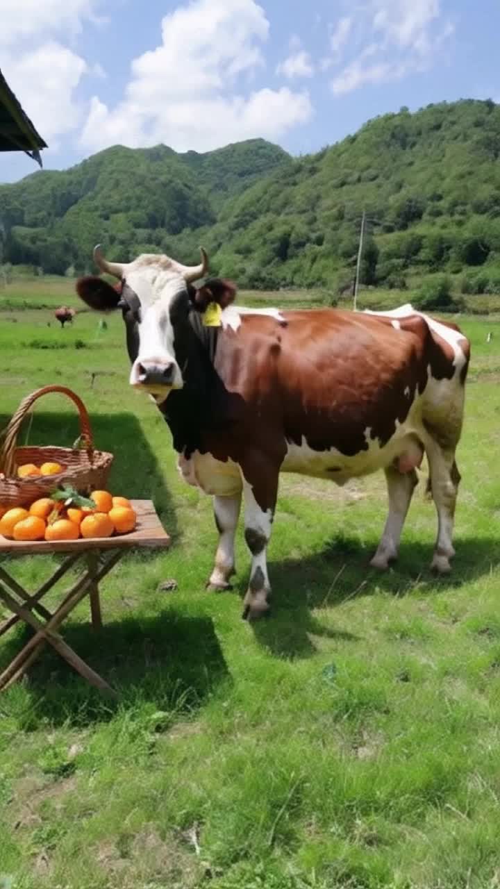 Not doing any tiktok trends on purpose  A cow in a field with a table that has a basket of oranges