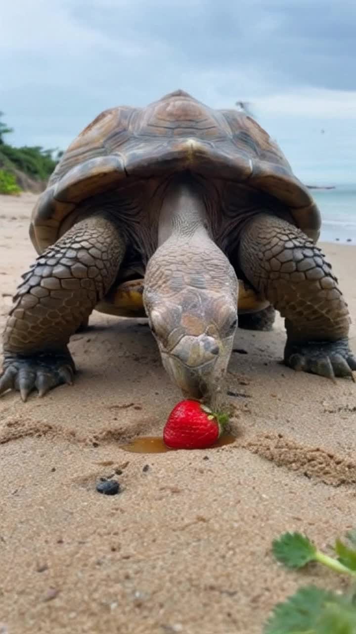 Ancient tortoise with weathered shell slowly munches vibrant red strawberry Juicy droplets cascade down wrinkled neck glistening in golden sunlight Soft sandy beach stretches out revealing gentle waves lapping at shore Surrounding lush greenery sways lightly in warm breeze Seagulls glide overhead casting fleeting shadows moments of serene tranquility