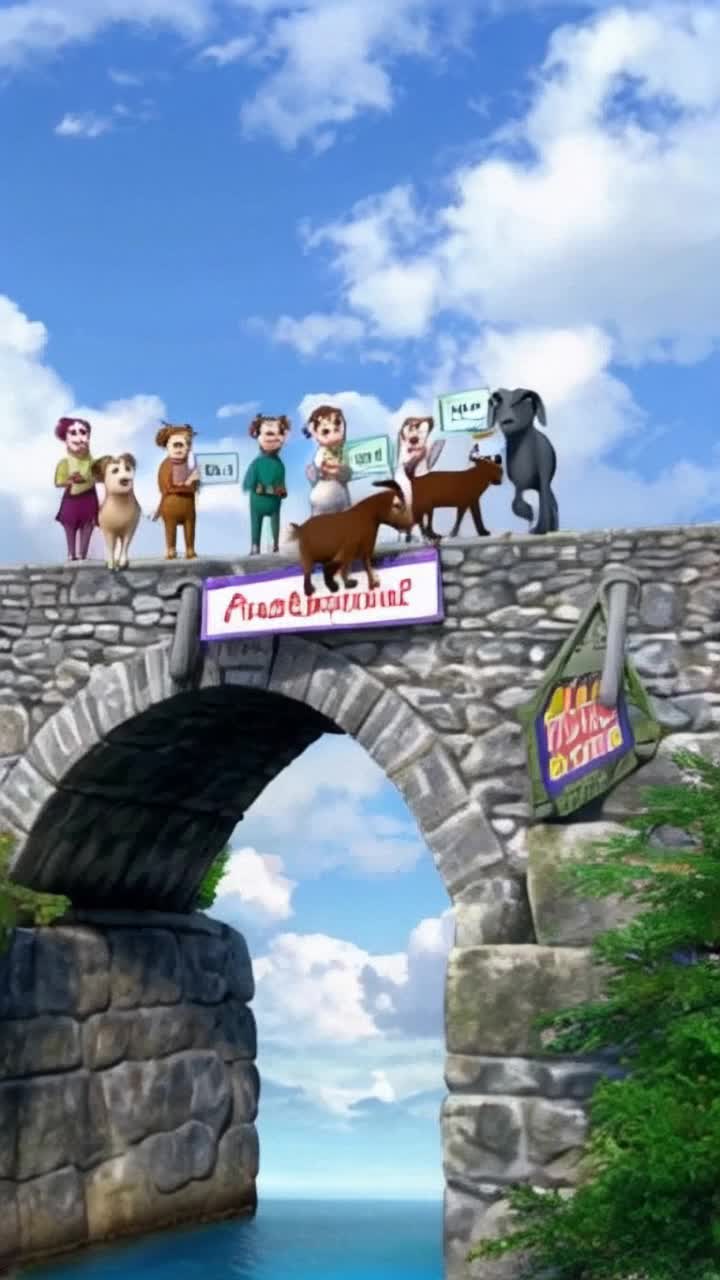 Animated and colorful, a troll gets knocked off an old stone bridge by a little billy goat as a family of billy goats stand cliffside in support, of their goat, one holds a sign on a stick saying we love you, save the little brown goat by having the gray goat appearing to try to get to it, grab the nape of the little guy and set him properly on the bridge, please and thank you 