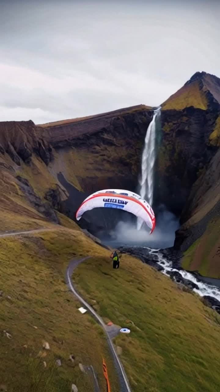 An extreme paraglider closeup in a bright branded suit gracefully descends the volcanic slopes The wind blows the fabric, creating dynamic movement Cascading waterfalls rush down from sharp mountain peaks, surrounding the expansive landscape Colorful concentric circles pulsate rhythmically, enhancing the depth of the field A combination of impressive 3D graphics and smooth 2D animation An echo of Simon Stalenhags artistic talent alongside Tetsuya Nomuras fantastical elements Bright colors, sharp contours, and high detail immerse viewers in a breathtaking aerial spectacle