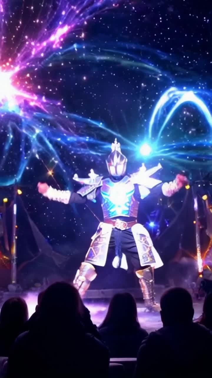 Fierce warrior cloaked in radiant armor showcasing electrifying movements that pulse with energy Spectators watching in awe as cosmic powers manifest around him Ethereal surroundings shimmering with vibrant colors brilliant lights swirling like galaxies celebrating a spectacle of strength and divinity celestial forms intertwining in a dance of wonder creating a mesmerizing canvas of interconnected energies illuminating the scene