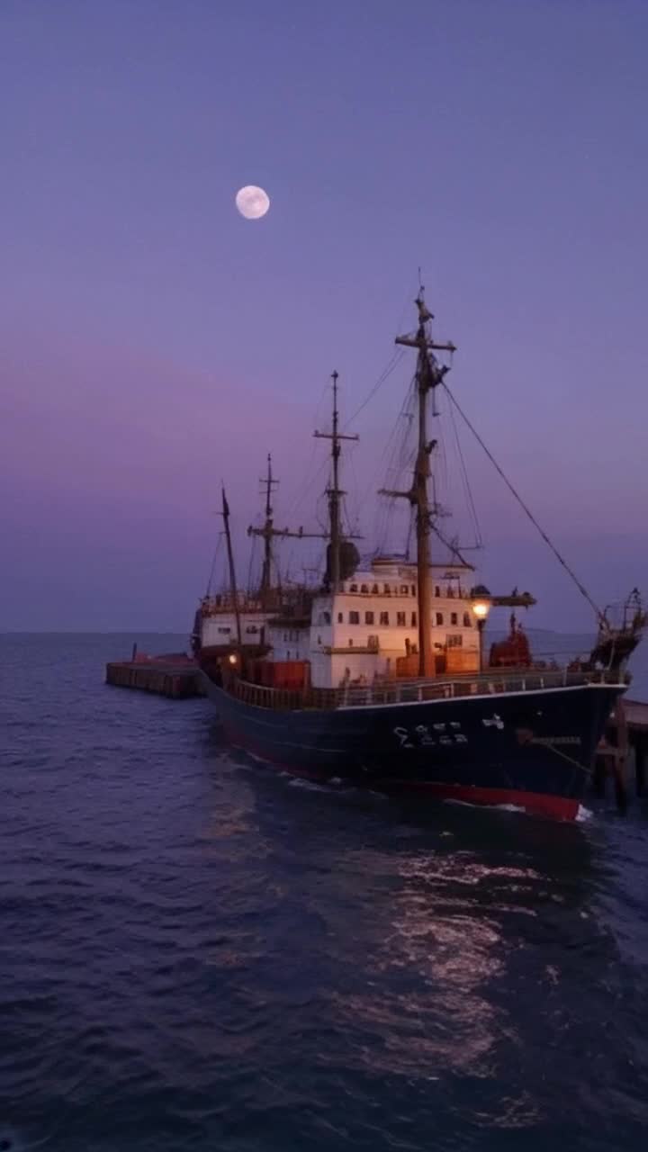 A very realistic detailed view of an English ship from the 1840s There is an old fashioned dock with cargo waiting to be loaded including old fashioned wooden barrels The scene is Nighttime under a dramatic purplish sky with a huge mysterious full moon the ship and the dock is lit with old fashioned lanterns The ocean is smoothe but there is an authentic rocking of the ship and docks