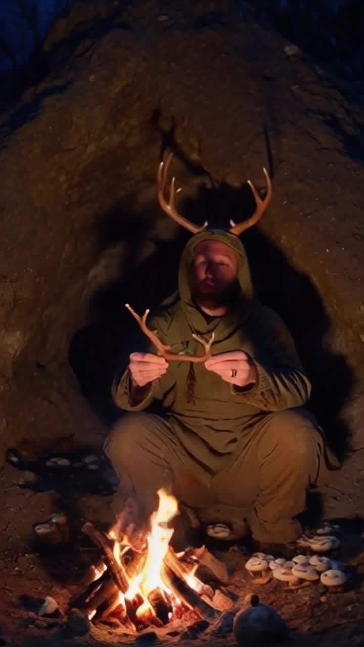 A caveman holds up broken branches on either side of his head that resemble deer antlers, to tell a story about the buck that got away during an unsuccessful hunt, while other cavemen, women and cave children listen, sitting around there small cave fire at the entrance of there cave The scene blends into the caveman thats telling the story morphs into a robed druid, having a hat with branches that resemble antlers His audience is literally mesmerized, there are white spotted red cap mushrooms near their tiny bonfire 