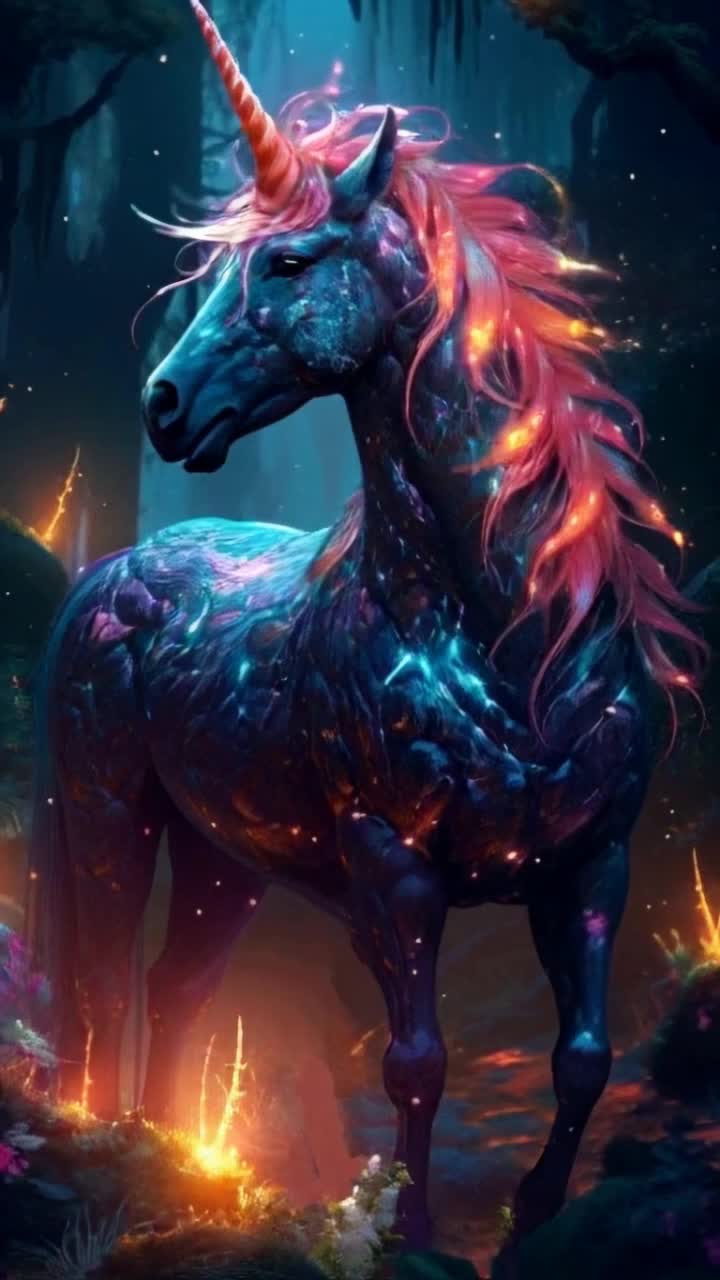Majestic mythical unicorn shimmering with radiant light gallops gracefully through enchanted shadows of ancient towering trees adorned with luminescent flora casting vibrant hues across lush forest floor Mystical sparkles trail behind each elegant step illuminating hidden winding paths where whimsical creatures peek curiously from behind twisted roots and mosscovered stones Ethereal mist swirls around delicate hooves as soft whispers of magic fill serene atmosphere creating a dreamlike setting where time seems to stand still inviting viewers to explore this secret realm of wonder