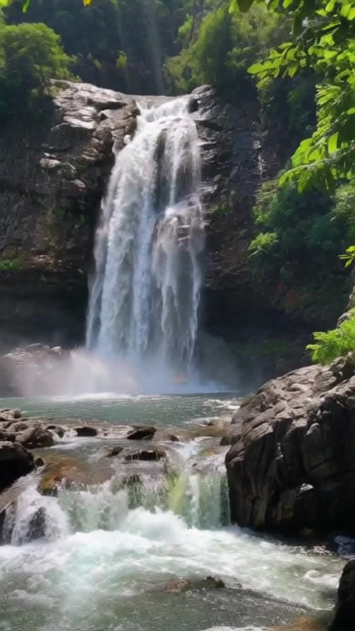 Majestic waterfall cascading down rugged rocks surrounded by lush vibrant rainforest Dense greenery teeming with exotic plants and colorful flowers Yellow raft plunging into frothy waters below splashing droplets into the air Sunlight filtering through leaves creating a dappled lighting effect on the scene Embracing the soothing sounds of rushing water and chirping birds filling the atmosphere with serenity