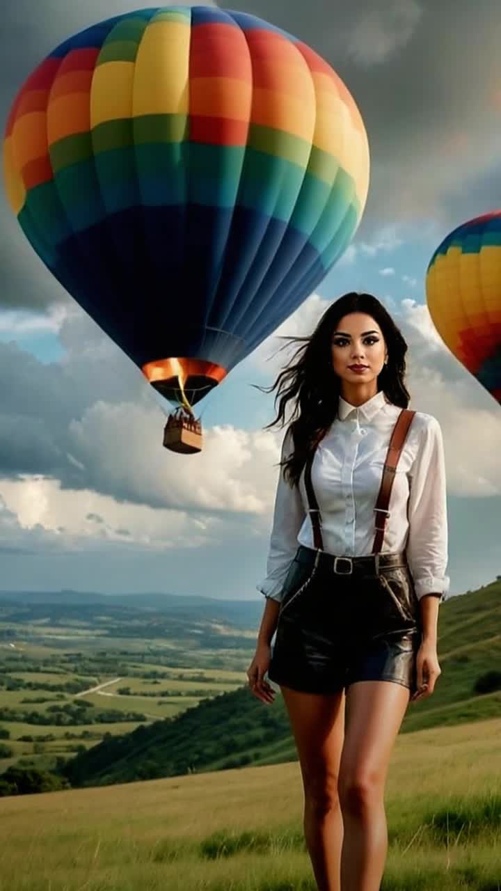Graceful woman draped in flowing gown with sunkissed hair shimmering in soft breeze releasing vibrant helium balloons drifting upwards into azure sky majestic mountains tower in the distance kissed by golden sunlight cascading down rocky slopes wildflowers swaying gently at her feet creating a serene harmonious scene as colors blend in perfect paradise
