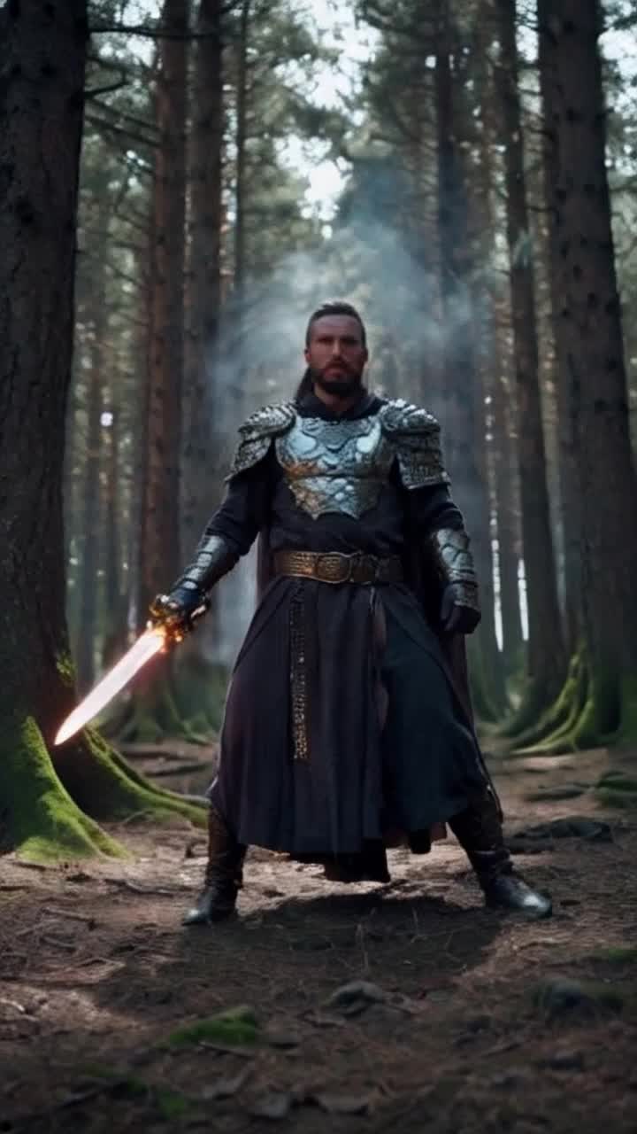 Mystical warrior with flowing robes and glimmering armor brandishing a glowing sword in an epic stance Radiating energy and confidence as he charges forward through a sprawling ancient forest filled with towering trees and ethereal light filtering through lush green leaves