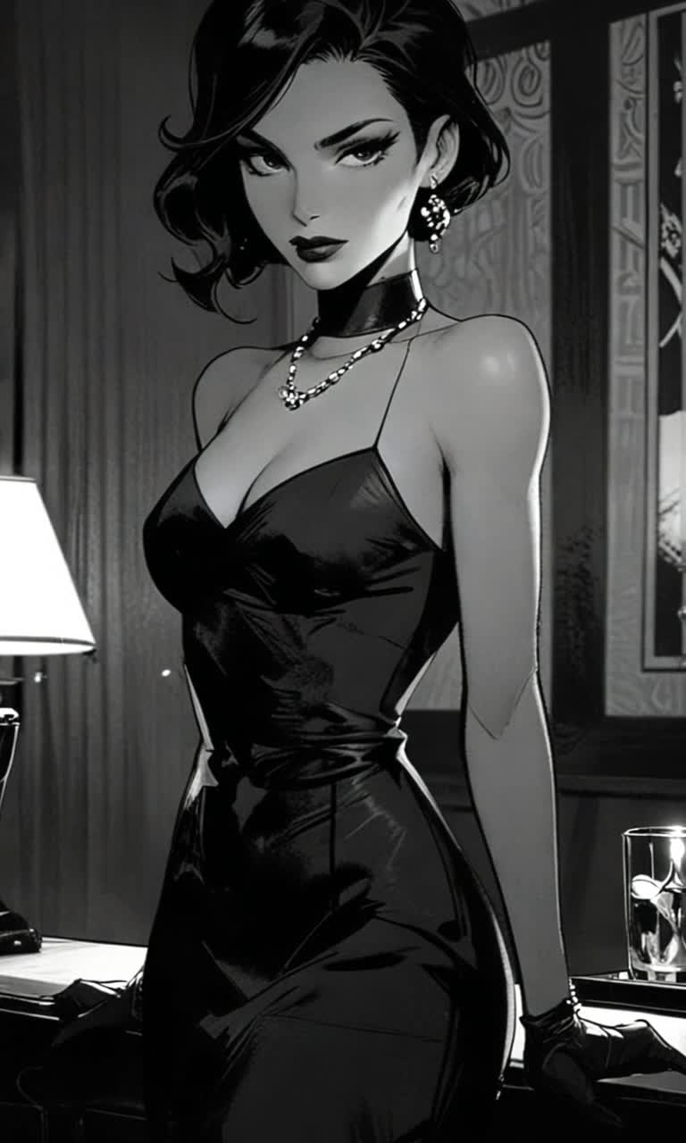 She stands unconvinced radiantly, a nostalgic epic beauty femme fatal film noir, leans against the antique table in an elegant of art deco, stylish room, she stares as she is told the negotiations of her contract, as a snickered smile formulates,