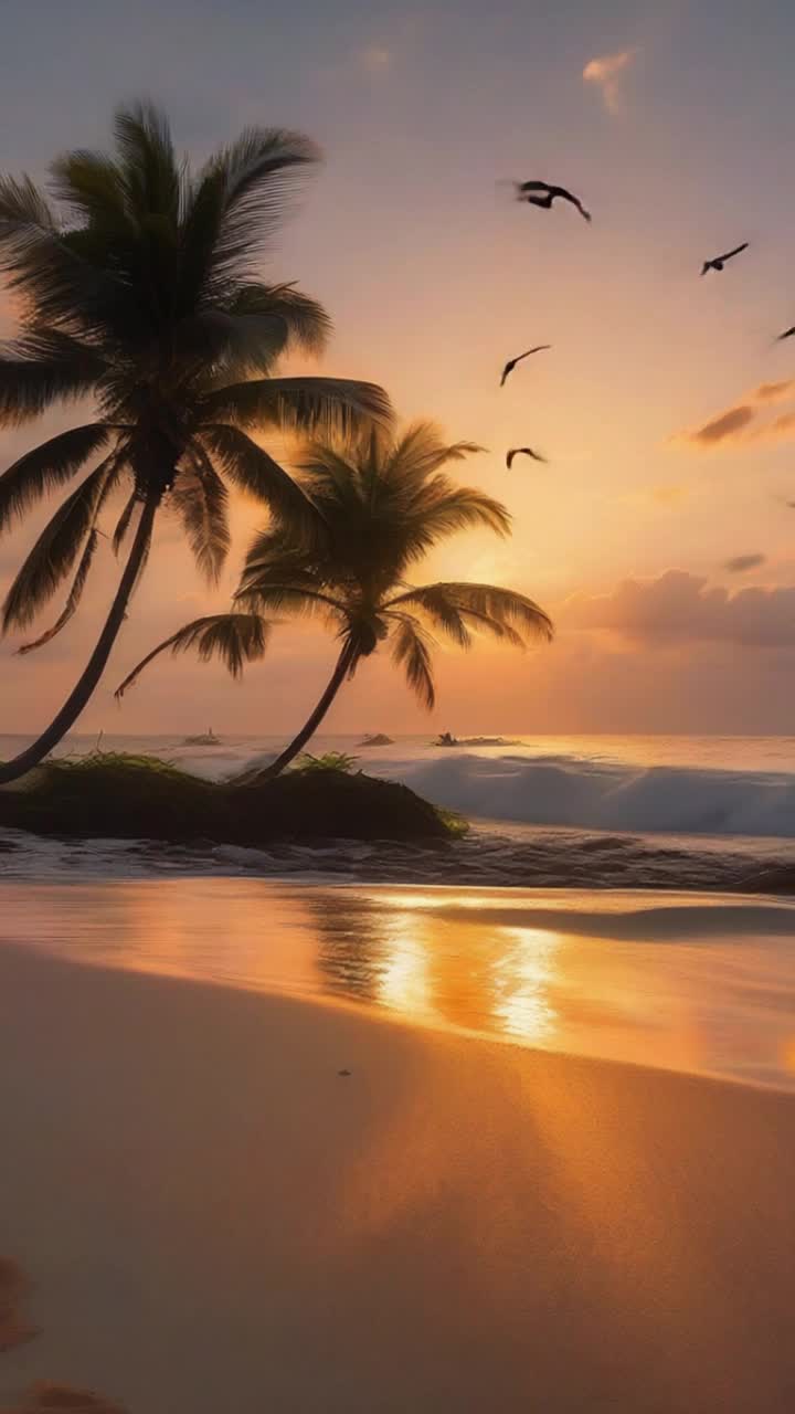 Vibrant orange sun dipping below horizon casting golden rays across tranquil ocean waves Gentle breeze rustling palm fronds swaying softly on white sand beach Colorful silhouettes of exotic birds soaring overhead Tropical flowers blooming amidst lush green foliage creating a paradise of colors