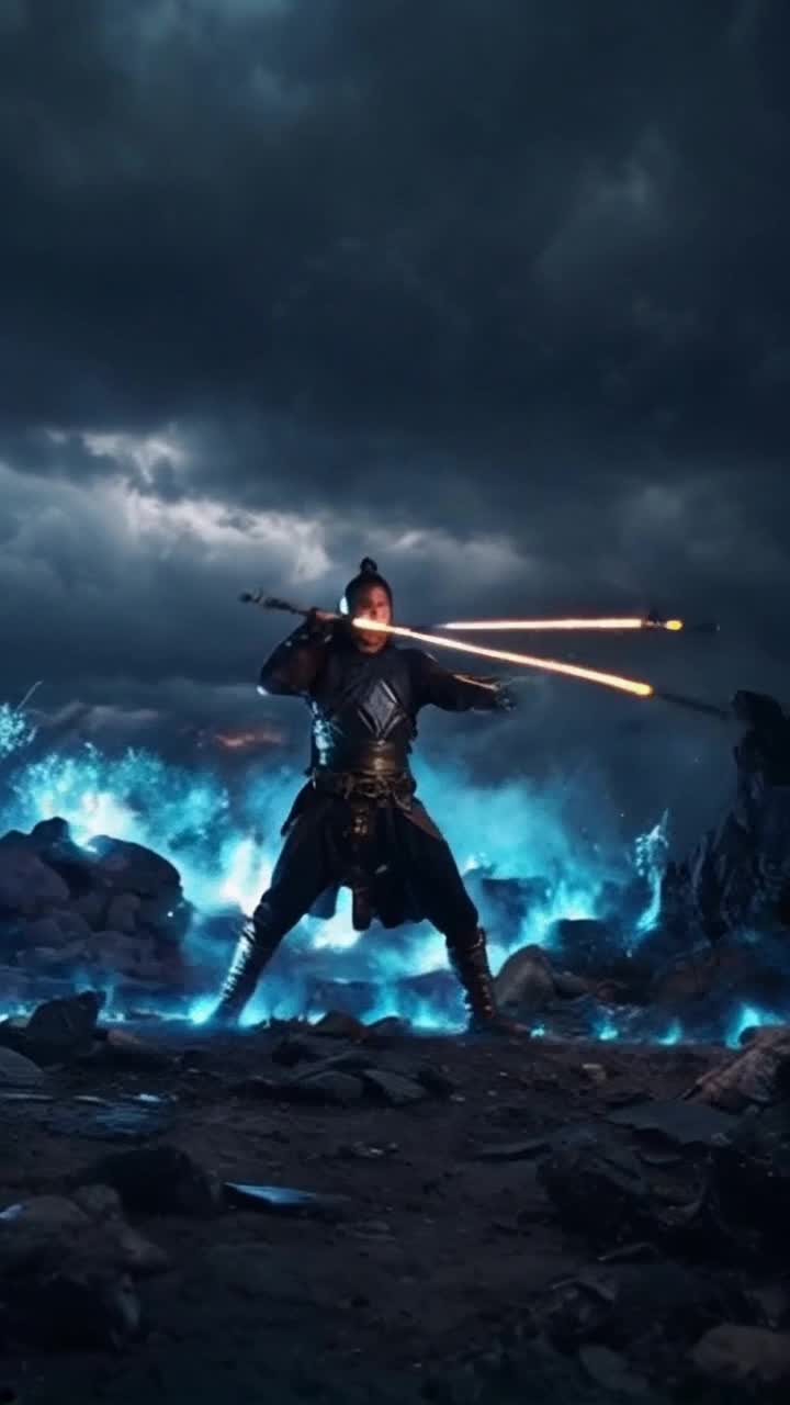 Chosen warrior trailblazer surrounded by crackling atomic blue energy unleashes a dazzling flurry of arrows from radiant Bow of Lightning raining down on shadowy evil demons with razor-sharp precision chaotic battlefield illuminated by bursts of electric blue light swirling dark clouds ominously overhead echoing clash of power as arrows zip through the air transforming darkness into shimmering bursts of energy